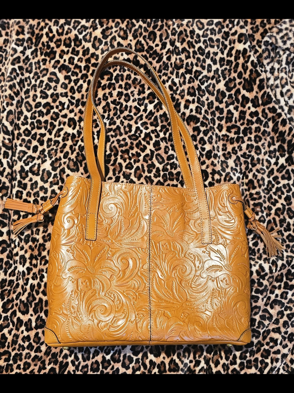 Patricia Nash Embossed Floral Shoulder Tote in Cognac